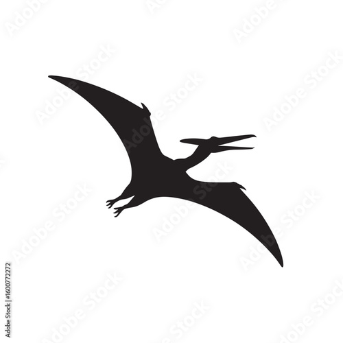 Silhouette of a pterodactyl in flight with open mouth and wings extended isolated on white background