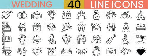 Wedding and Romantic Line Icons – 40 Editable Vector Symbols for Love, Marriage, Couple, and Celebration Designs