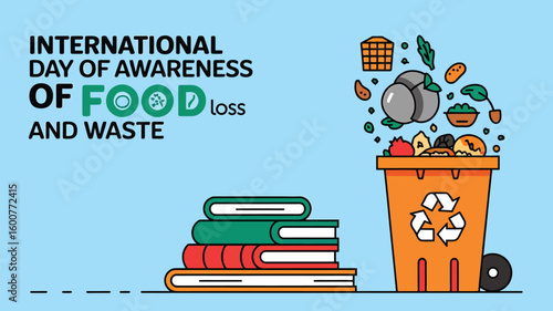 Vector Illustration of Food Waste Awareness with Rotting Vegetables, Trash Can, and Stop Food Waste Message