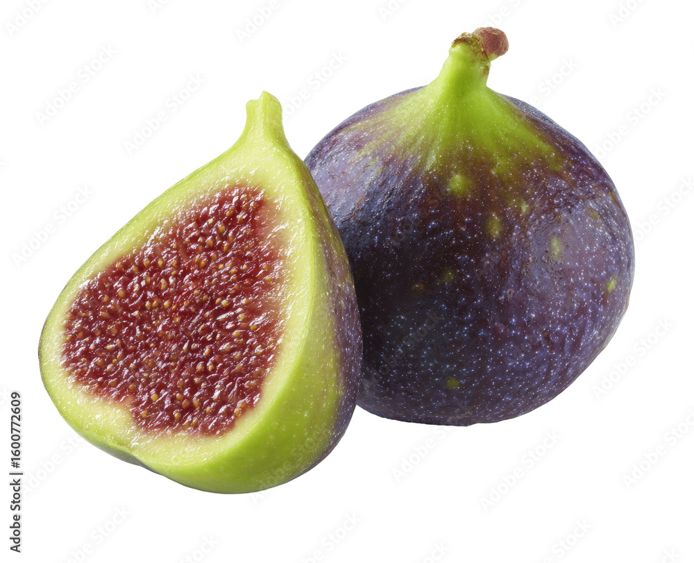 Two figs, one halved, showcasing juicy flesh Two figs, one halved, showcasing juicy flesh
