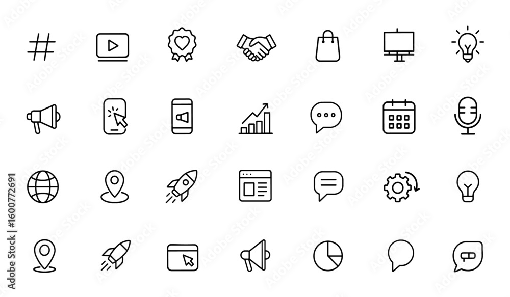 Marketing icon set with thin linear vector pictograms: hashtag, content video, loyalty, partnership, handshake, shopping, strategy, billboard, idea, click, digital advertising symbols Marketing icon set with thin linear vector pictograms: hashtag, content video, loyalty, partnership, handshake, shopping, strategy, billboard, idea, click, digital advertising symbols