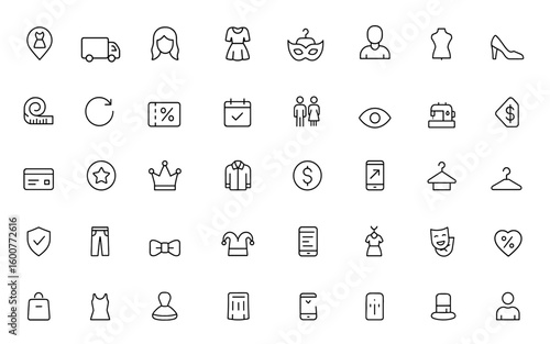 Costume rental business icon set with thin linear vector pictograms of location, delivery, accessories, fitting, shoes, measurement, return, discount coupon illustration and more.
