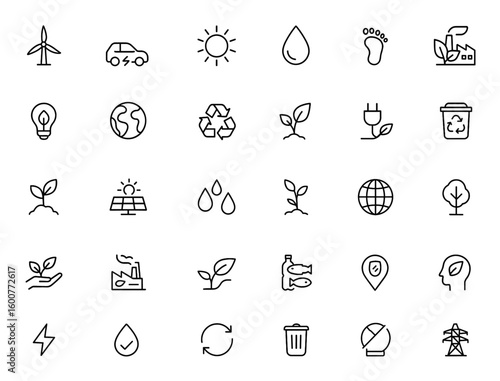 General ecology glyph icon set: vector pictograms of wind turbine, electric car, battery, sun energy, water drop, green factory, light bulb, zero waste, black silhouette illustration and more.