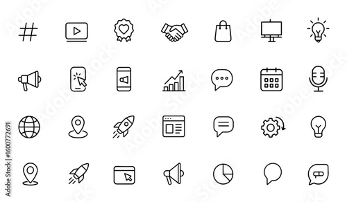 Marketing icon set with thin linear vector pictograms: hashtag, content video, loyalty, partnership, handshake, shopping, strategy, billboard, idea, click, digital advertising symbols
