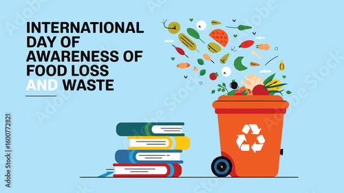 Vector Illustration of Food Waste Awareness with Rotting Vegetables, Trash Can, and Stop Food Waste Message