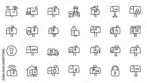 Professional mailbox installation icon set: vector pictograms of smart sensor, waterproof parcel, secure posthole, decorative paint, thin linear illustration, installer, modern, reliable and more.