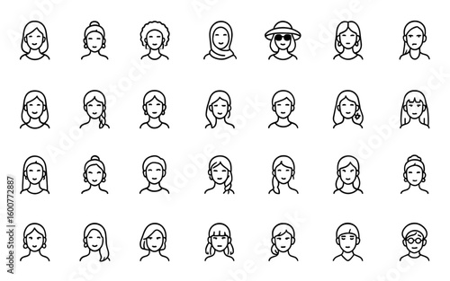 Elegant female head icon set: thin linear vector pictograms of modern young woman, ethnic beauty, scarf, hat, sunglasses, earrings, expression, stylish, fashion, portrait, design, and more.