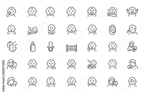 Sleep problems baby icon set. Thin linear vector illustrations of toddler exhausted, infant awake, tantrum, yawning, meltdown, soothing, sleepless pictograms, child care, fatigue, restless and more.