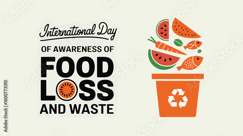 Vector Illustration of Food Waste Awareness with Rotting Vegetables, Trash Can, and Stop Food Waste Message