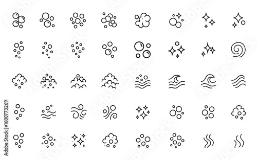 Effervescent bubble foam icon set with vector glyph pictograms of underwater water bubbles, air movement, sparkle, cleanliness, and black silhouette illustration, modern design