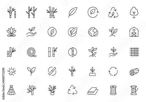 Bamboo icon set vector with glyph pictograms featuring bamboo stalk, leaf, fabric, ecology, nature, sustainability concept, black silhouette illustration, environment, green and more.