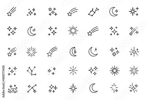 Shooting star icon set with stars, constellation, moon phase, neon burst, sparkling effect, thin linear vector pictograms, modern line illustration collection, cosmic symbols, vector and more.