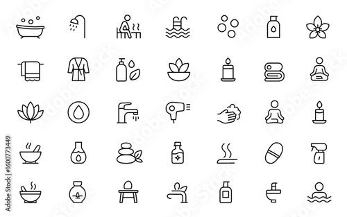 Relaxation and wellness icon set featuring vector glyphs of bathtub, shower, sauna, jacuzzi, swimming pool, hygiene, soap bubbles, spa, black silhouette pictograms, illustration and more.