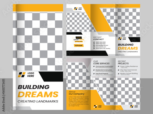 Modern Construction Company Tri-Fold Brochure Template,Corporate Trifold Brochure Design for Construction Services,Building Construction Trifold Brochure Layout,
