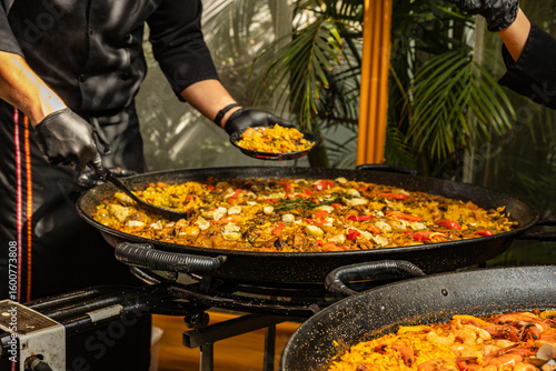 Preparing a delicious seafood paella
