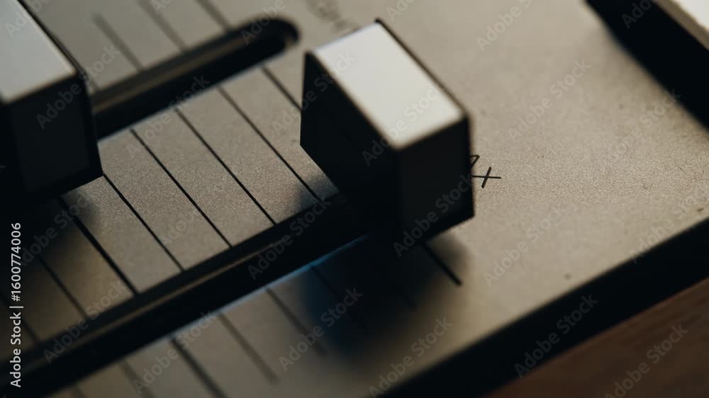 Finger pushing volume slider on vintage audio mixer device closeup macro view