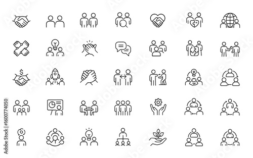 Collaboration and partnership icon set — thin linear vector pictograms illustrating teamwork, shared success, global cooperation, mutual support, project launch, achievement and more.