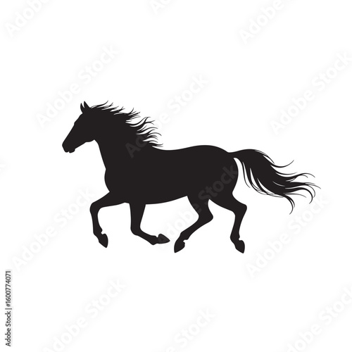 Silhouette of a powerful black horse in full stride galloping majestically across a clean white background isolated on white background