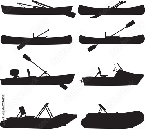 Various watercraft silhouettes with paddles and motors
