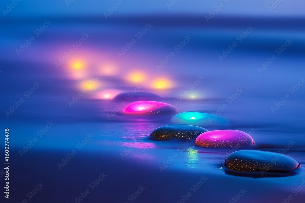 Obraz premium Early morning mist covering glowing colorful pebbles on a serene beach with soft, diffused light 