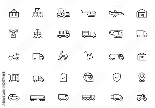 Vector line icon set of commercial vehicles with thin linear illustrations. Includes container, pallet, forklift, cargo truck, plane, drone, ship, train, helicopter, warehouse, pictograms