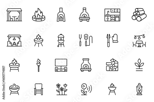 Outdoor backyard firepit icon set with thin linear vector pictograms of patio, fireplace, chiminea, pizza oven, kitchen, firewood, propane tank, and illustration
