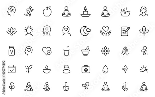 Self-Care and Wellness line icon set with thin linear vector pictograms of mental clarity, fitness, nutrition, meditation, relaxation, stress relief, body-mind connection, mental health, calm