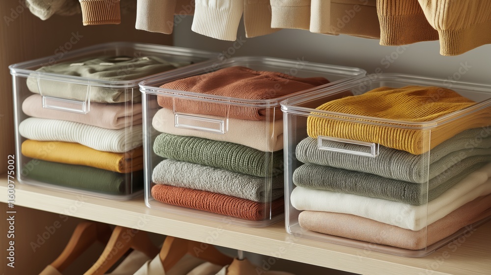 Fototapeta premium Neatly folded sweaters in clear bins on wooden shelves create a cozy, organized wardrobe.