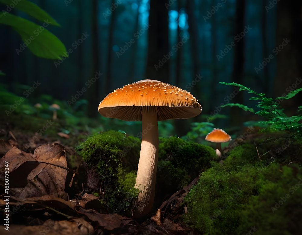 Fototapeta premium mushroom in the jungle, glowing mushroom in the night background, mushroom in the forest