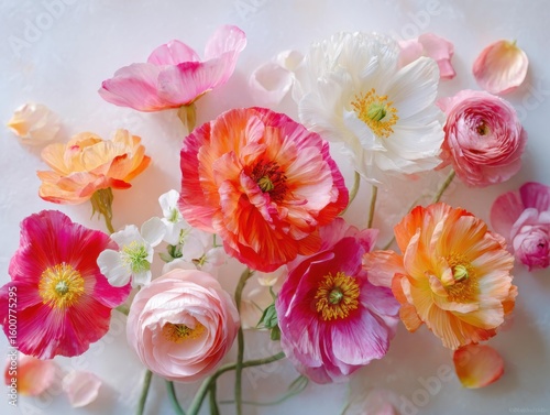 Bright Colorful Poppies and Ranunculus Flowers in a Lush Blooming Arrangement
