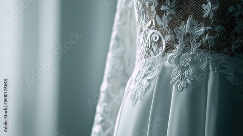 Closeup Detail Of Elegant White Lace Wedding Dress
