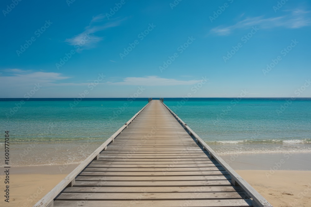 Obraz premium Wooden pier stretching into turquoise ocean under blue sky