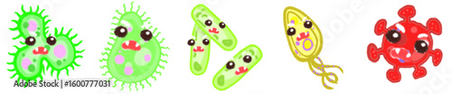 Cute Angry Virus Bacteria Clipart Set – Pink Science Microorganism Cartoon Illustration for Kids and Educational Design