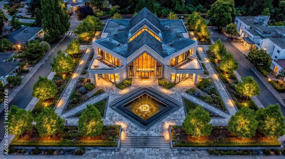 Obraz premium Aerial view of a modern luxury house surrounded by landscaped gardens and illuminated pathways at night. The architecture features a unique geometric design.