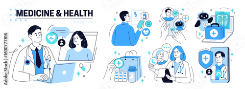 Medicine and health set. Doctor characters use ai and other digital tools for patient support, diagnosis, medical analysis, prescription. Healthcare technology concept. Vector illustration.