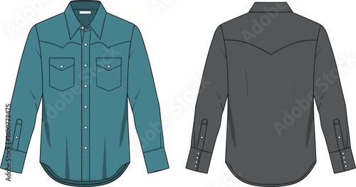 Western style men’s shirt flat sketch with snap buttons, chest pockets, long sleeves, cad drawing flat vector illustration, fashion template