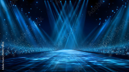 Bright Blue Runway with Light Streaks and Stars, Ideal for Presentations, Award Ceremony Events, and Technology-Themed Backgrounds. Luxury Scene Design Concepts. Vector illustrations.