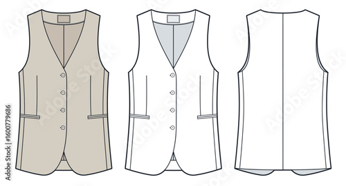 Sleeveless Jacket Technical Fashion Illustration. Tailored Vest Jacket fashion flat technical drawing template, front and back view, white, beige, women, men, unisex CAD mockup set.