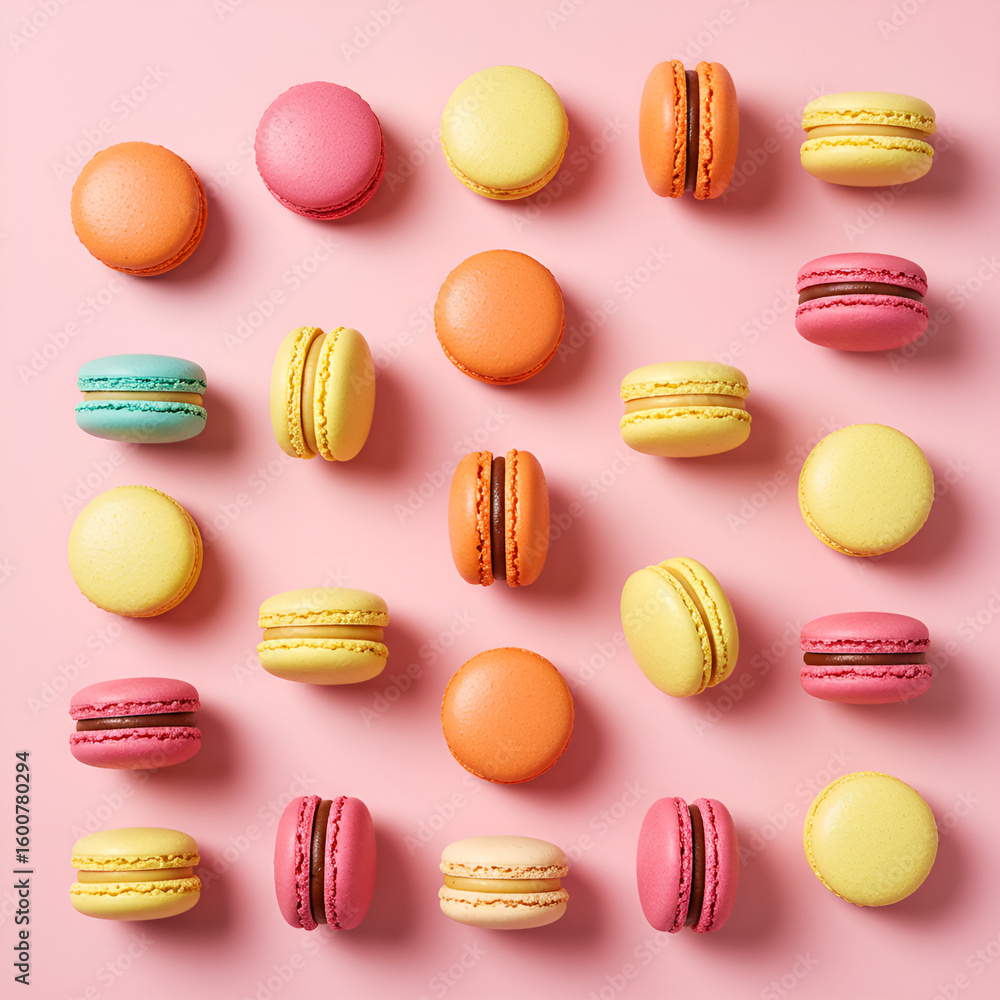 Bright pastel macarons grid yang teratur—ideal untuk bakery branding, confectionery visuals, dan graphic food designs.
