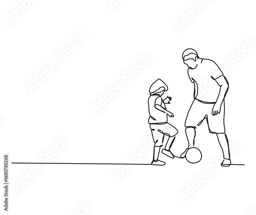 Continuous one line art of father And son Playing football In the park.