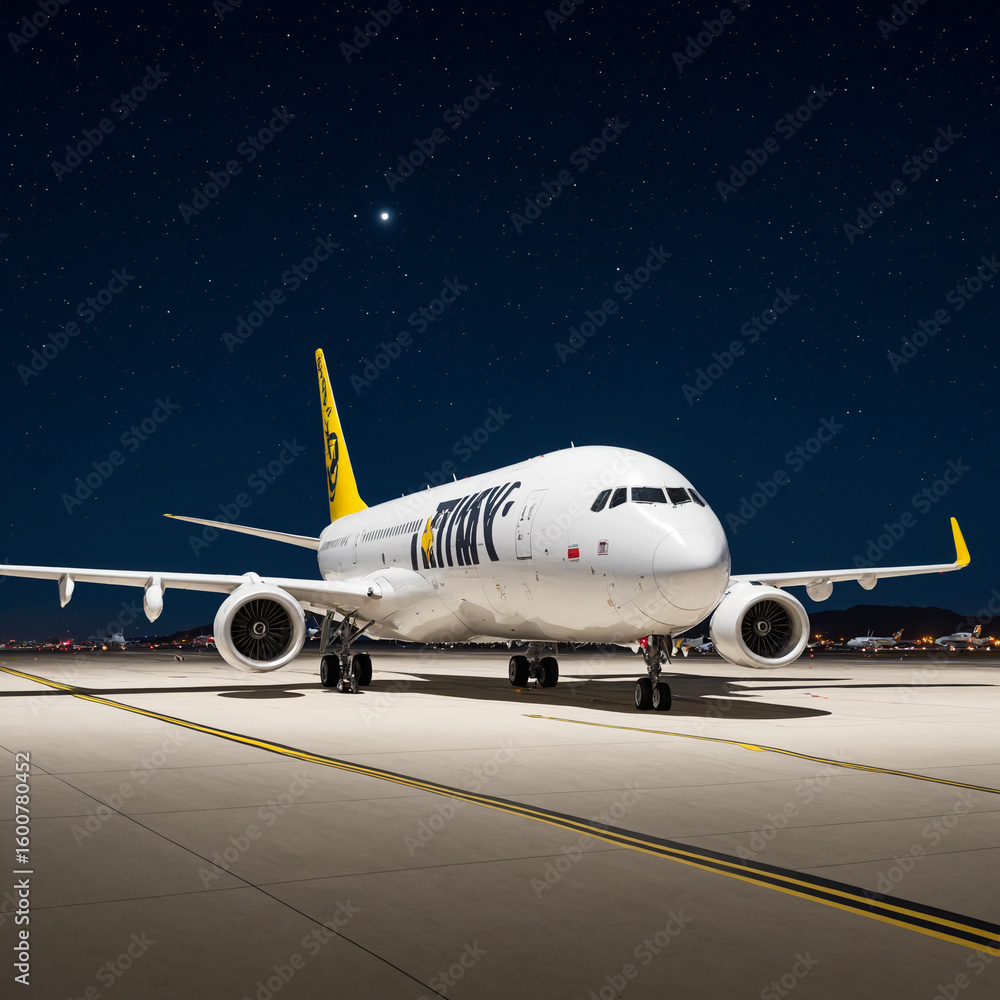 Obraz premium modern A single big plane taxis across a lit runway under night clear skies
