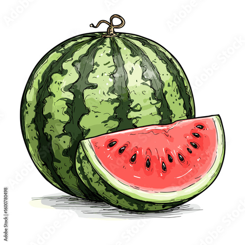 Fresh watermelon whole and sliced with red flesh and black seeds  