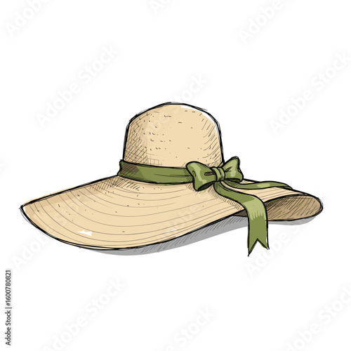 Wide-brimmed straw hat with green ribbon bow, summer accessory  
