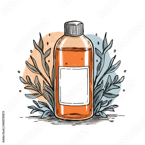 Glass bottle with blank label and herbs in hand-drawn style  