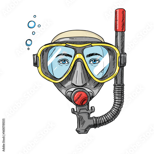 Scuba diving mask with snorkel and bubbles in colorful style  