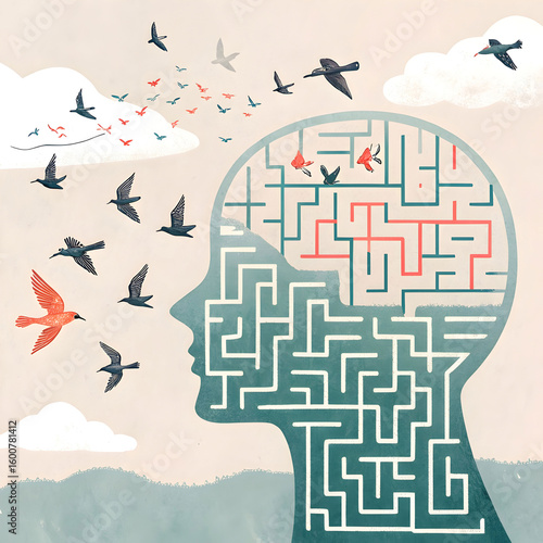 mind maze turning into birds breaking free from