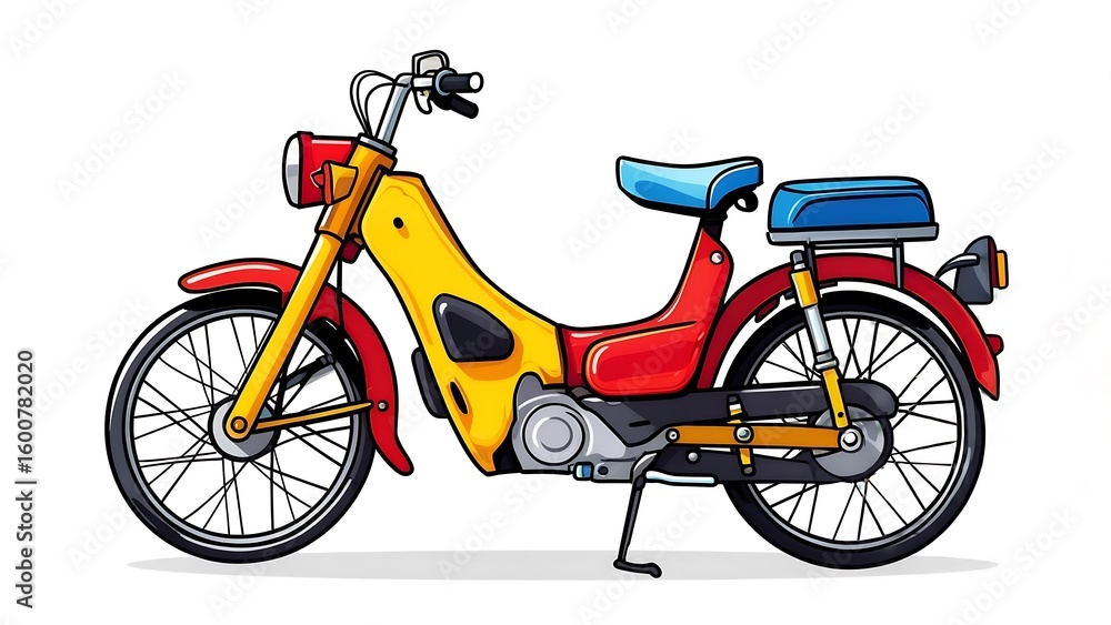 Obraz premium Vibrant yellow and red vintage moped with blue seat, isolated on white background