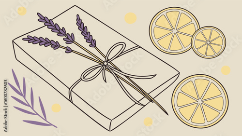 Illustration of a gift box tied with lavender and lemon slices on a beige background design style