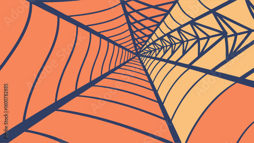 A spiderweb illustration with orange and yellow hues and dark blue lines in a perspective view design