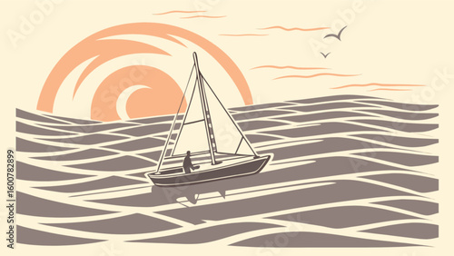 Illustration of sailboat sailing on wavy ocean water with sun and birds in the background scene view